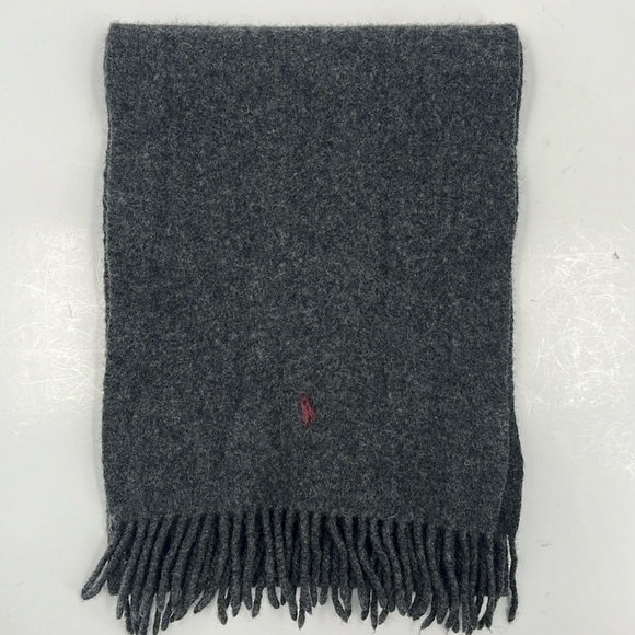 Polo Ralph Lauren Charcoal Grey Logo Embroidered 100% Lambs Wool Scarf Fringe - Picture 1 of 6